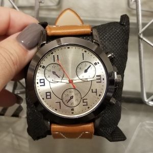 Stylish Mens Watch Faux Brown Leather New